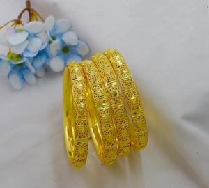 Luxury Dubai Arabia Bride Wedding Bangles Gold Plated Copper Gold Placer Hollow Patterned Round Beads Polka Dot Bangles - Product Image 2