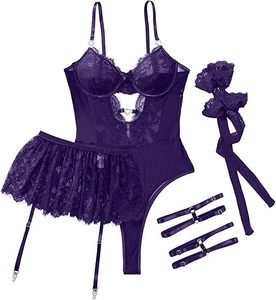 Wire Free Padded Breathable Sexy Solid Woven <b>Lingerie</b> <b>Teddy</b> Bodysuit Skirt Set - Product Image 1