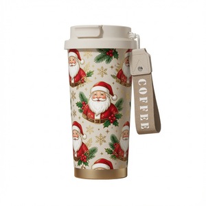Gobelet isotherme en acier inoxydable 316 à motif de Noël, pour café, thé, bière, avec double couvercle et base en silicone noir - Product Image 1