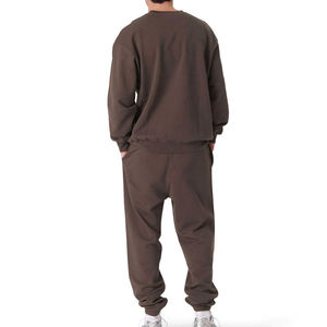 Ensemble de survêtement en coton marron pour homme, col rond, pantalon de jogging, couleur unie, coupe décontractée, vêtements d'automne, longueur intégrale avec poches latérales - Product Image 3