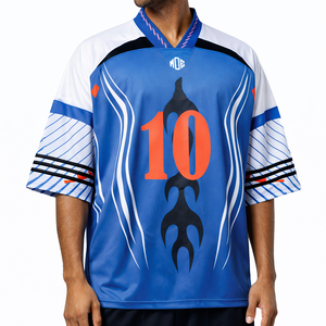 เสื้อฟุตบอลอเมริกันแบบซับลิเมชั่นสีน้ำเงิน ดีไซน์ทันสมัยปี 2026 คอวีทรงโอเวอร์ไซส์ ผลิตจากโพลีเอสเตอร์ รับผลิตจำนวนมากแบบ OEM - Product Image 1