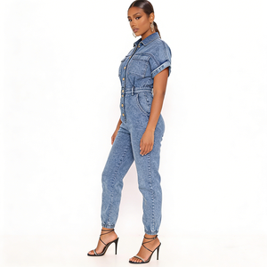 Combinaison en jean décontractée pour femme à manches courtes, taille haute, boutonnée, délavée - Product Image 4