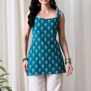 Teal Floral Printed <b>Indian</b> Pakistani Set Sleeveless Square Neck Women <b>Top</b> Dress Casual Summer Wear By AARIKA Textile - Product Image 4