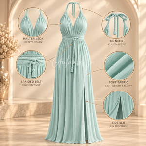 Robe longue plissée fluide pour femme, col licou, décolleté plongeant en V, avec ceinture tressée et fente latérale, idéale pour les soirées et les événements. - Product Image 5