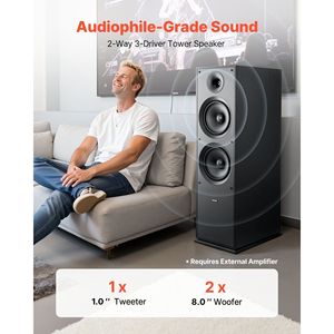 Altavoz de Torre de 2 Vías y 600W de Potencia Máxima, con Tweeter de 1 Pulgada y Dos Woofers de 8 Pulgadas, para Sistemas de Cine en Casa, con Rango de Frecuencia Amplio - Product Image 2