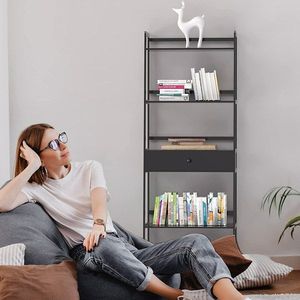 WTZ ชั้นวางหนังสือแบบเปิด 5 ชั้น รุ่นโมเดิร์น พร้อมลิ้นชัก 239 สีดำ ชั้นวางแบบขั้นบันได สำหรับห้องนอน ห้องนั่งเล่น สำนักงาน BC - Product Image 2