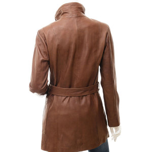 Women's Brown Genuine <b>Leather</b> Trench Coat With Belt And Button Closure Turn-down Collar Full Sleeve Fashion Manufacturer - Product Image 2