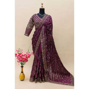 Sari de trabajo de lentejuelas y codificación de bordado multibanda de diseñador para moda india y pakistaní - Product Image 5