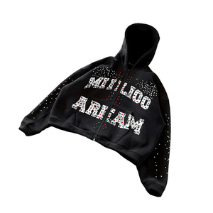 Sweat à capuche court noir Desgnr avec fermeture éclair, motif lettres en strass, coupe oversize, style streetwear unisexe, en molleton bouclette 100% coton - Product Image 3