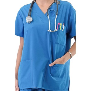 Women's Blue <b>Scrub</b> Set Short Sleeve V-Neck Top With Pockets Hospital Uniform Woven Cotton Polyester Blend - Product Image 6