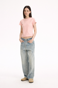 Jeans OEM 100% Coton Lavé Effet Vieilli Coupe Droite Bleu Clair Denim Brut Unisexe Basique Polyvalent Coupe Décontractée - Product Image 3