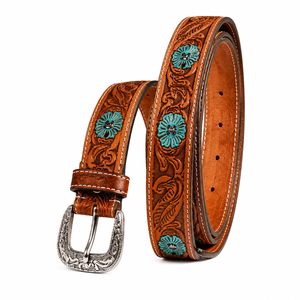 Premium Handcrafted Genuine <b>Leather</b> Belt for Men Floral <b>Tooled</b> Belt with Turquoise Concho Accents - Product Image 1