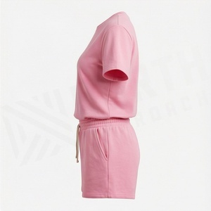 Ensemble de shorts en tricot rose pour femmes, 2 pièces, t-shirt à manches courtes col rond et shorts au-dessus du genou, couleur unie décontractée, printemps été - Product Image 3