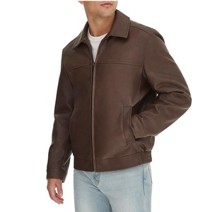 Men's <b>Brown</b> PU <b>Leather</b> <b>Jacket</b> Turn-down Collar Zipper Closure Casual Regular Length Autumn Wear - Product Image 1