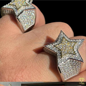 Star <b>Cocktail</b> <b>Ring</b> With Crystal Rhinestones Pave Setting Two Tone White And Yellow <b>Gold</b> Hiphop Style Unisex Jewelry - Product Image 3