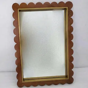 Scalloped Wooden Framed <b>Mirror</b> Mid Century Modern <b>Wall</b> Decor <b>Rectangle</b> Shape Home Use - Product Image 1