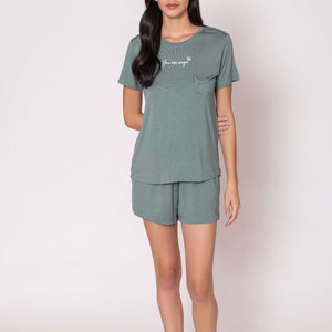 Conjunto de 2 Piezas de Shorts de Punto para Mujer, Manga Corta, Cuello Redondo, Corte Regular, Transpirable, Casual, para Todas las Temporadas, Verde Sólido, Estilo Urbano - Product Image 1
