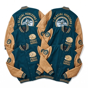 Chaqueta Varsity de Cuero y Lana Color Carbón Marrón de Proveedor de Marca con Parche Trasero de Cristal de Brújula Personalizado y Chenille para Béisbol - Product Image 3