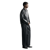 Veste streetwear pour homme en cuir véritable noir, col chemise, fermeture éclair sur le devant, coupe décontractée, minimaliste, vêtement d'extérieur de mode haut de gamme personnalisé OEM