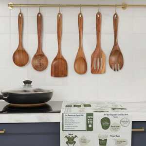 Juego de utensilios de cocina de madera ecológicos con mango largo chapado en oro rosa, diseño moderno, espátula, cuchara, volteador y cucharón antiadherentes, venta al por mayor - Product Image 2