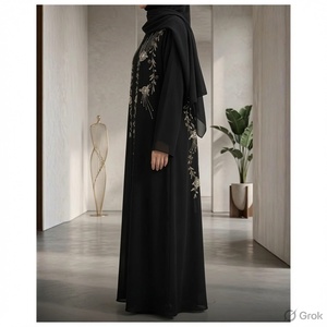 Abaya noire élégante à imprimé floral brodé, silhouette droite, longueur au sol, en viscose, robe de soirée/formelle - Product Image 2