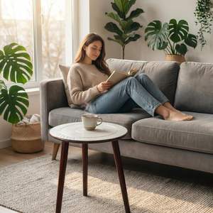 Mesa de centro redonda de madera, mesa auxiliar de noche fácil de montar para decoración del hogar, mesa auxiliar para sala de estar (marrón blanco) - Product Image 2