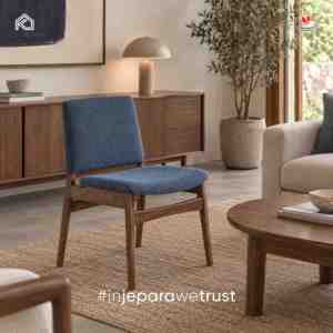Mid Century Solid Wood Dining Chair Blue Fabric Upholstered Wooden Chair for Restaurant Hotel Cafe Living Room Furniture - Product Image 1