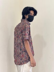 Men's Paisley Print Short Sleeve <b>Button</b> <b>Shirt</b> Unisex Casual Spring Summer Loose Fit V-neck Silk Breathable Knitted - Product Image 1