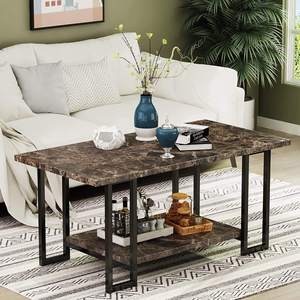 Marble Top Coffee Table Metal Frame <b>Shelf</b> Living Room Sofa Home Furniture Indoor Modern Storage Black Office <b>Desk</b> Work <b>Computers</b> - Product Image 2