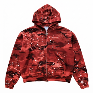 Custom Red Camo Breathable Polyester/Cotton 300g Heavyweight Zip Hoodie Pearl Embellished Streetwear Full-Zip Oversized Unisex - Product Image 1