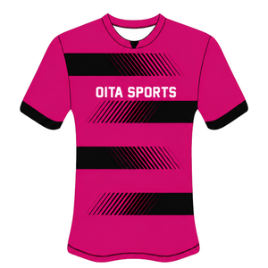 ชุดเสื้อและกางเกงรักบี้สีชมพูสดและสีดำ แขนสั้น คอกลม ลายทาง ชุดทีมแบบกำหนดเอง ระบายอากาศได้ดี เหมาะสำหรับการฝึกซ้อมและการเล่น - Product Image 3