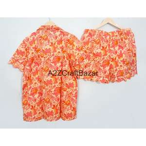 Conjunto de Pijama Estilo Canguro 100% Algodón Puro Estampado a Mano para Mujer, Ropa de Dormir de Manga Corta con Bolsillos, Suave y Transpirable - Product Image 6