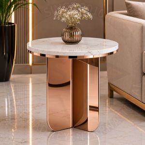 Luxury Black PVD Stainless Steel Marble <b>Side</b> <b>Table</b> Shree Radhey International SRI-NS06 Modern <b>Chrome</b> Base Diwali Living Room - Product Image 3