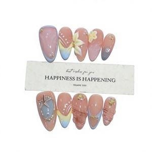 Uñas acrílicas de almendra mediana prediseñadas usable cremoso desnudo naranja suave diseño de dedo romántico costa de la mañana - Product Image 6