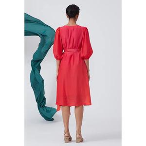 Robe mi-longue rouge pour femme, col en V, manches bouffantes, coupe trapèze, tenue décontractée pour soirée - Product Image 4
