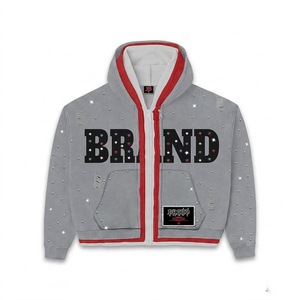 Ensemble de survêtement personnalisé avec strass, sweat-shirt gris à capuche et fermeture éclair, pantalon évasé rouge, imprimé pailleté, streetwear unisexe, hiver - Product Image 2