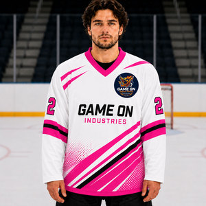 Maillot de hockey sur glace pour homme Game On Industries, col en V, manches longues, polyester sublimé, anti-transpiration, blanc et bleu rayé - Product Image 4