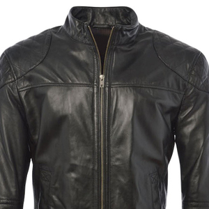 <b>Men's</b> Black Solid Color Genuine <b>Leather</b> Moto <b>Jacket</b> Stand Collar Zipper Closure Regular Fit <b>Leather</b> <b>Jacket</b> Available For Sale - Product Image 2