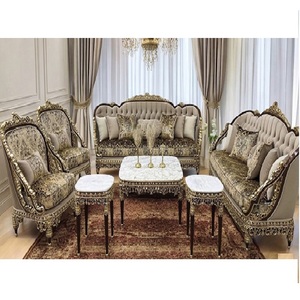 Muebles de Madera para Sala de Estar con Acabado Dorado Majestuoso, Juego de Sofás de Madera de Teca Tallada en Oro Antiguo, Diseño Vintage, Hecho en EE. UU. - Product Image 1