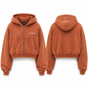 VOCKSIN Women's Winter Oversized Cropped Zipper Hoodie Acid Wash Heavyweight Cotton Lined Front Logo Streetwear Fashion <b>Jacket</b> - Product Image 4