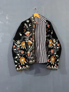 Handmade Black Velvet <b>Quilted</b> Short Jacket for Women Vintage Suzani Embroidered Coat Bohemian Gypsy Warm Cropped Jacket - Product Image 2