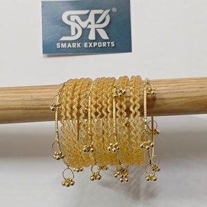 Cream Resin Glass Bangle Set 16 Piece Handmade Kashmiri Style Gold Ghungroo Bangles for Women Wedding Festival Jewelry - Product Image 1
