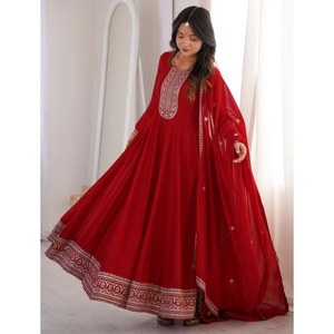 Robe Anarkali en soie Vichitra lourde avec broderie Jari et travail de sequins, manches Churidar, dupatta assorti (MPY 72) DC - Product Image 1