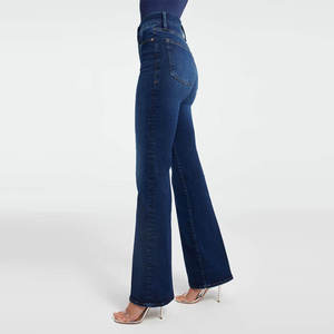 Jean évasé taille haute pour femme grande taille, délavage foncé, en coton, style décontracté, coupe droite, fermeture boutonnée, longueur complète, idéal pour l'automne - Product Image 3