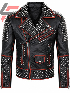 Veste de motard en cuir de vachette de qualité supérieure, fabriquée sur mesure par une usine OEM, avec clous et pointes punk, style streetwear. - Product Image 5
