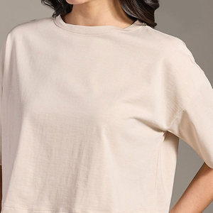INDEX APPAREL Women's Beige Crop <b>Top</b> Crew Neck Short Sleeve Loose Fit Solid Color Casual Summer Wear - Product Image 4