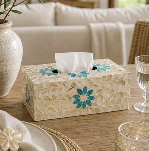 Boîte à mouchoirs artisanale en nacre, style méditerranéen, avec incrustation florale bleue, couvercle décoratif - Product Image 2