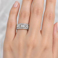 Five Rectangular Stone 925 Sterling Silver Zircon Band Ring with Ten Round Accents and Pave Borders