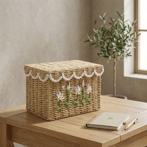 Cesta de Almacenamiento Tejida de Paja con Bordado de Flores de Margarita, Caja Organizadora Tejida Ecológica con Tapa para Decoración del Hogar - Product Image 3