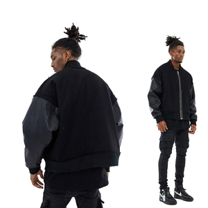 Blouson bomber noir pour homme, manches en cuir, fermeture éclair, style streetwear, vêtement d'automne, coupe classique, couleur unie, col rabattu - Product Image 6